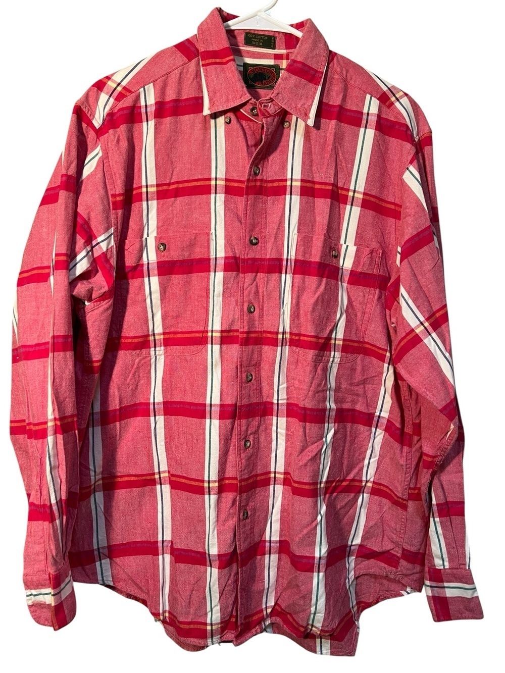 Boston Traders Men's Sz Large Button Down Shirt Red Pink White Plaid 100% Cotton